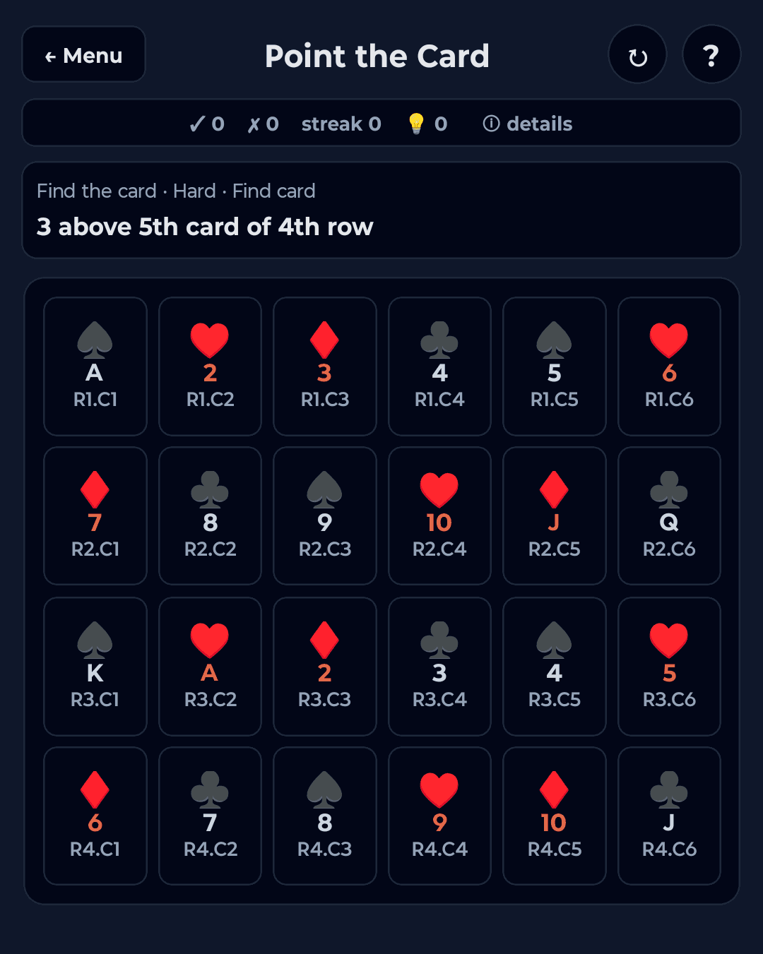 Point the Card — a grid of playing cards with a logic clue above