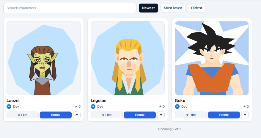 VecChar community gallery showing published characters