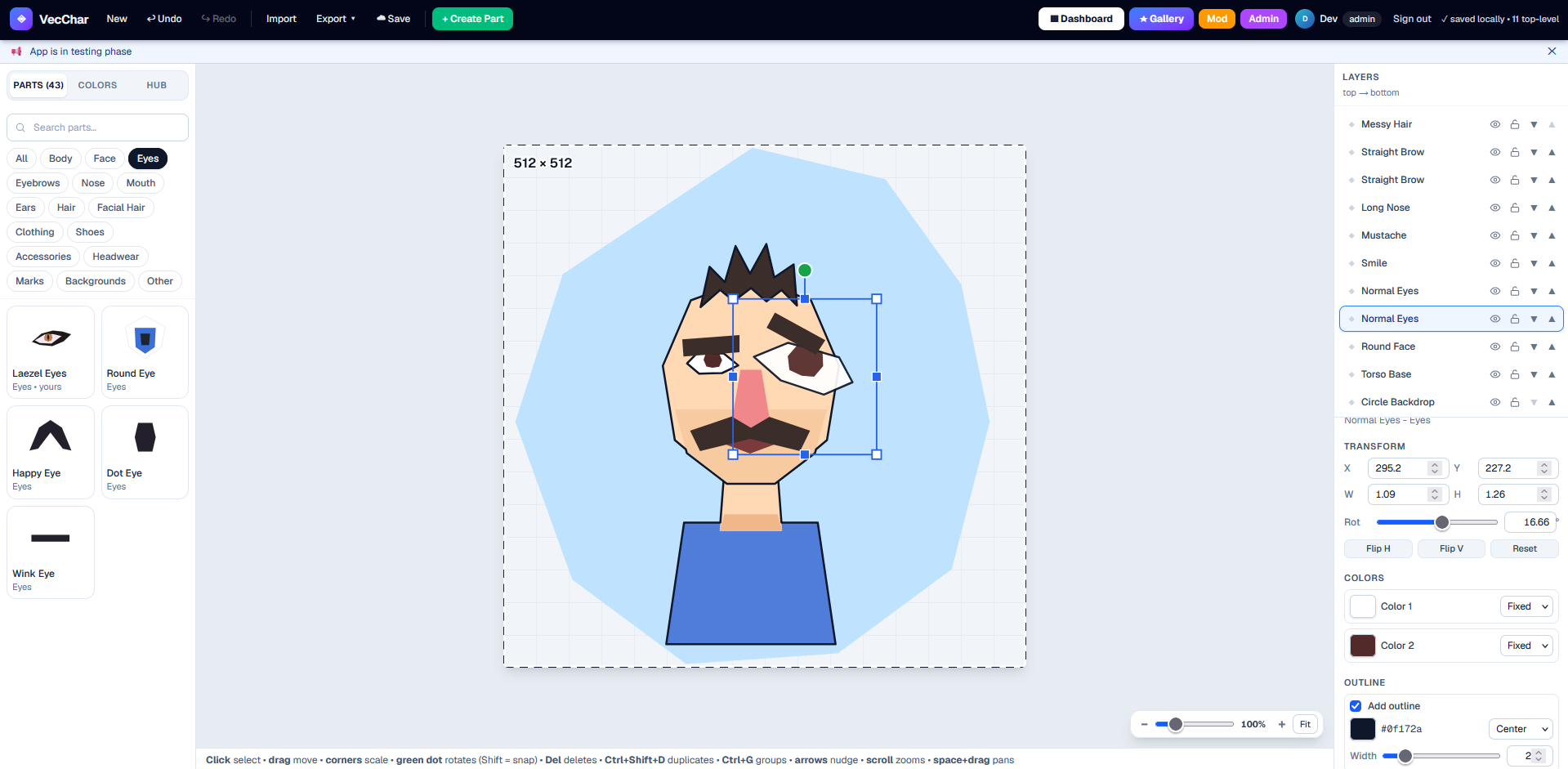 VecChar character editor — building a character with layered vector parts